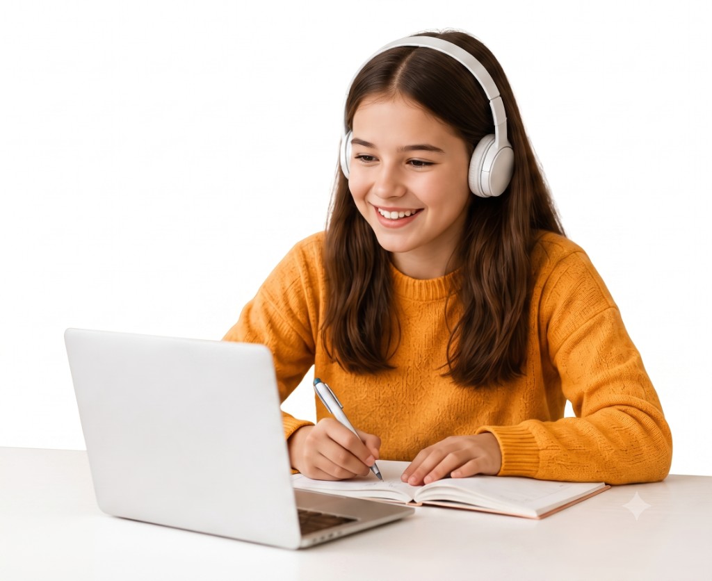Student learning online with headphones